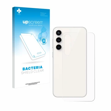 Parte frontal de un envase de producto con el logotipo de la marca upscreen. Al lado se muestra el dispositivo Samsung Galaxy 