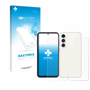Parte frontal de un envase de producto con el logotipo de la marca upscreen. Al lado se muestra el dispositivo Samsung Galaxy 