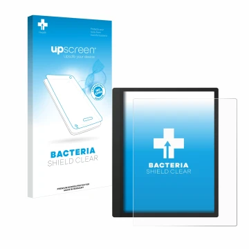 Parte frontal de un envase de producto con el logotipo de la marca upscreen. Al lado se muestra el dispositivo Boox Tab Ultra 