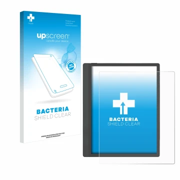 Parte frontal de un envase de producto con el logotipo de la marca upscreen. Al lado se muestra el dispositivo Boox Tab Ultra 