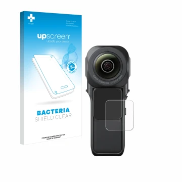 Parte frontal de un envase de producto con el logotipo de la marca upscreen. Al lado se muestra el dispositivo Insta360 One RS