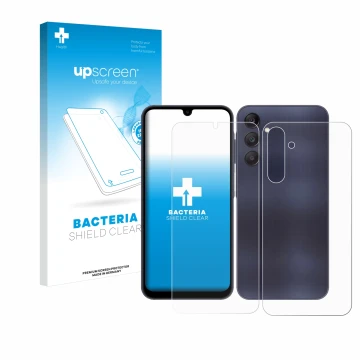 Parte frontal de un envase de producto con el logotipo de la marca upscreen. Al lado se muestra el dispositivo Samsung Galaxy 