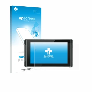 Parte frontal de un envase de producto con el logotipo de la marca upscreen. Al lado se muestra el dispositivo Hugerock X7 con