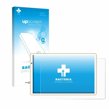 Parte frontal de un envase de producto con el logotipo de la marca upscreen. Al lado se muestra el dispositivo Facetel Q3 con 