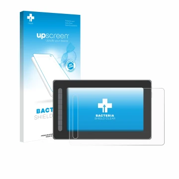 Parte frontal de un envase de producto con el logotipo de la marca upscreen. Al lado se muestra el dispositivo XP-Pen Artist 1