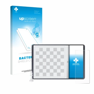 Parte frontal de un envase de producto con el logotipo de la marca upscreen. Al lado se muestra el dispositivo Chessnut Evo co