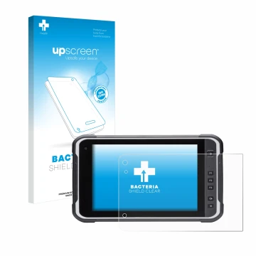 Parte frontal de un envase de producto con el logotipo de la marca upscreen. Al lado se muestra el dispositivo Handheld Algiz 
