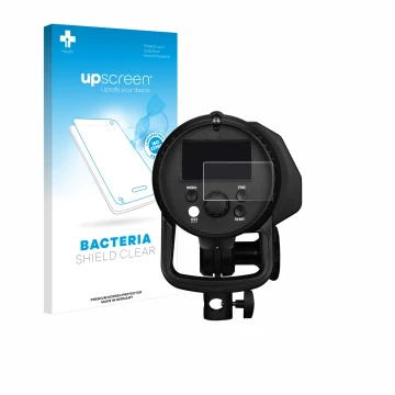 Parte frontal de un envase de producto con el logotipo de la marca upscreen. Al lado se muestra el dispositivo Profoto B1X con