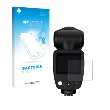 Parte frontal de un envase de producto con el logotipo de la marca upscreen. Al lado se muestra el dispositivo Profoto A10 con