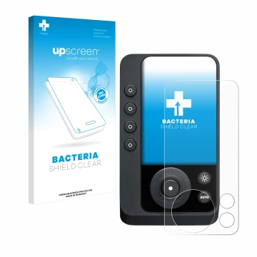Parte frontal de un envase de producto con el logotipo de la marca upscreen. Al lado se muestra el dispositivo Profoto Connect