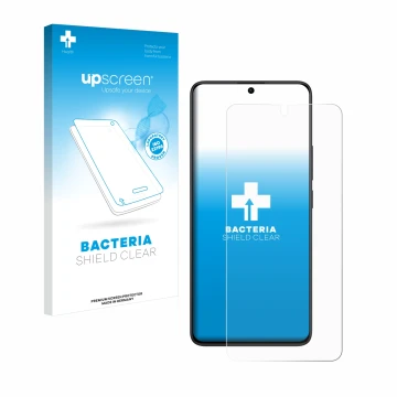Parte frontal de un envase de producto con el logotipo de la marca upscreen. Al lado se muestra el dispositivo Xiaomi Redmi No