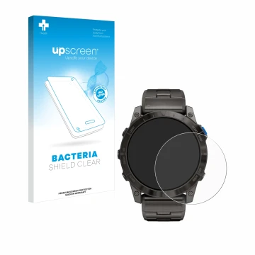 Parte frontal de un envase de producto con el logotipo de la marca upscreen. Al lado se muestra el dispositivo Garmin D2 Mach1
