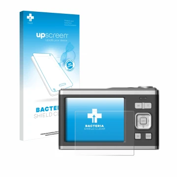 Parte frontal de un envase de producto con el logotipo de la marca upscreen. Al lado se muestra el dispositivo Rollei Compactl