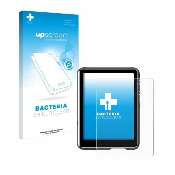 Parte frontal de un envase de producto con el logotipo de la marca upscreen. Al lado se muestra el dispositivo Mechen M3 con s