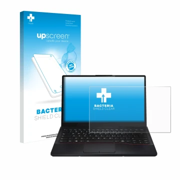 Parte frontal de un envase de producto con el logotipo de la marca upscreen. Al lado se muestra el dispositivo Fujitsu Lifeboo