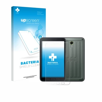 Parte frontal de un envase de producto con el logotipo de la marca upscreen. Al lado se muestra el dispositivo Samsung Galaxy 