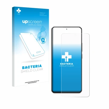 Parte frontal de un envase de producto con el logotipo de la marca upscreen. Al lado se muestra el dispositivo Xiaomi Poco X6 