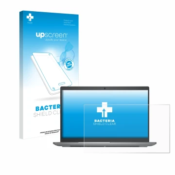 Parte frontal de un envase de producto con el logotipo de la marca upscreen. Al lado se muestra el dispositivo Dell Latitude 5