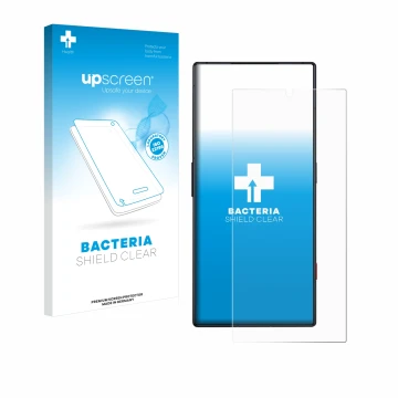 Parte frontal de un envase de producto con el logotipo de la marca upscreen. Al lado se muestra el dispositivo ZTE Nubia Red M