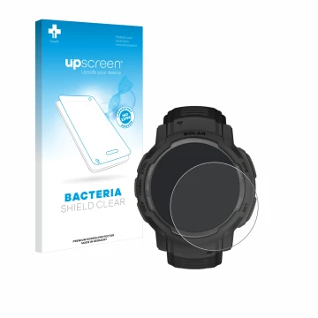Parte frontal de un envase de producto con el logotipo de la marca upscreen. Al lado se muestra el dispositivo Garmin Instinct