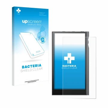 Parte frontal de un envase de producto con el logotipo de la marca upscreen. Al lado se muestra el dispositivo Astell&Kern Kan