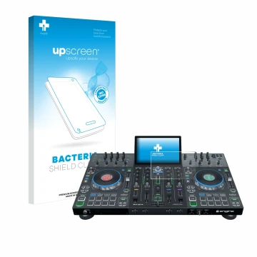 Parte frontal de un envase de producto con el logotipo de la marca upscreen. Al lado se muestra el dispositivo Denon DJ Prime 
