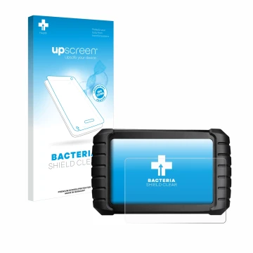 Parte frontal de un envase de producto con el logotipo de la marca upscreen. Al lado se muestra el dispositivo iCarsoft CR Max