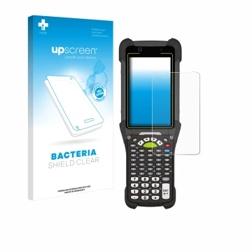 Parte frontal de un envase de producto con el logotipo de la marca upscreen. Al lado se muestra el dispositivo Zebra MC9400 co