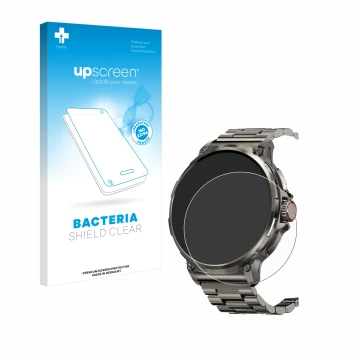 Parte frontal de un envase de producto con el logotipo de la marca upscreen. Al lado se muestra el dispositivo Tesofit Smartwa