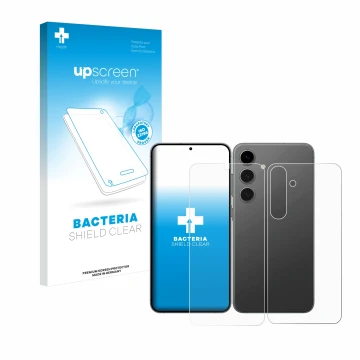 Parte frontal de un envase de producto con el logotipo de la marca upscreen. Al lado se muestra el dispositivo Samsung Galaxy 