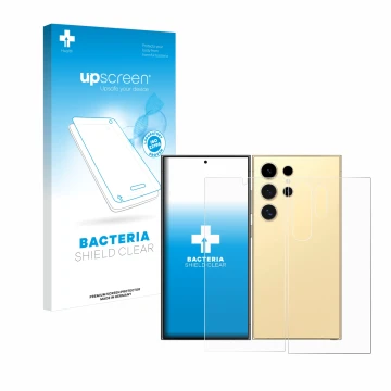 Parte frontal de un envase de producto con el logotipo de la marca upscreen. Al lado se muestra el dispositivo Samsung Galaxy 