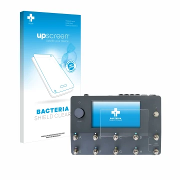 Parte frontal de un envase de producto con el logotipo de la marca upscreen. Al lado se muestra el dispositivo Neural DSP Quad