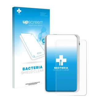 Parte frontal de un envase de producto con el logotipo de la marca upscreen. Al lado se muestra el dispositivo Timekettle Flue