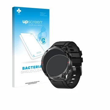 Parte frontal de un envase de producto con el logotipo de la marca upscreen. Al lado se muestra el dispositivo LIGE Smartwatch