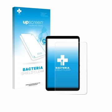 Parte frontal de un envase de producto con el logotipo de la marca upscreen. Al lado se muestra el dispositivo Alldocube iPlay