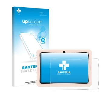 Parte frontal de un envase de producto con el logotipo de la marca upscreen. Al lado se muestra el dispositivo Doogee U10 Kid 