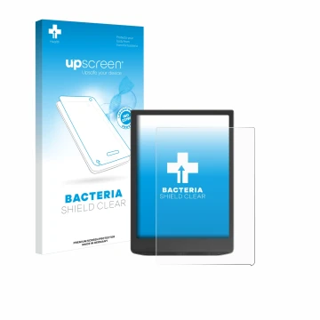 Parte frontal de un envase de producto con el logotipo de la marca upscreen. Al lado se muestra el dispositivo Vivlio InkPad 4