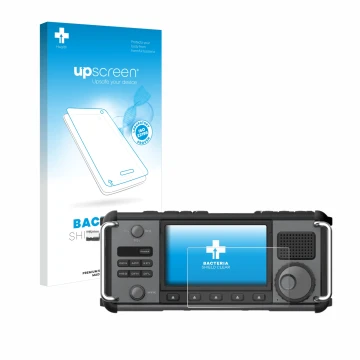 Parte frontal de un envase de producto con el logotipo de la marca upscreen. Al lado se muestra el dispositivo Xiegu X6200 con