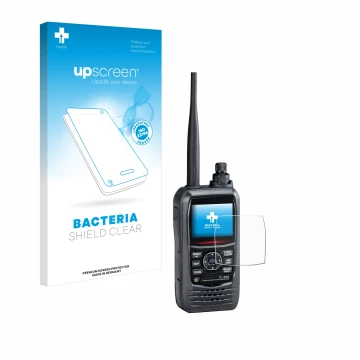 Parte frontal de un envase de producto con el logotipo de la marca upscreen. Al lado se muestra el dispositivo Icom IC-R15 con