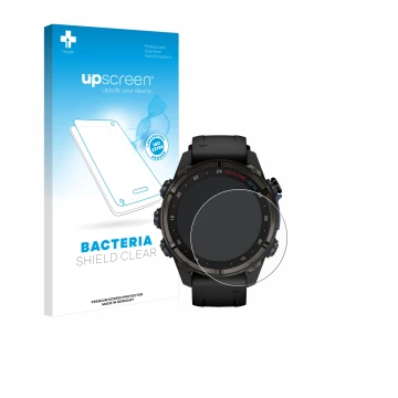 Parte frontal de un envase de producto con el logotipo de la marca upscreen. Al lado se muestra el dispositivo Garmin Descent 