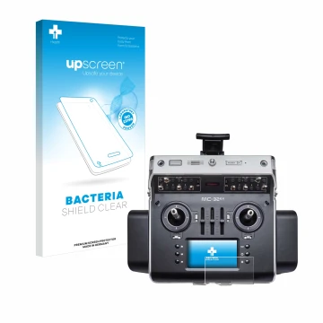 Parte frontal de un envase de producto con el logotipo de la marca upscreen. Al lado se muestra el dispositivo Graupner MC-32e