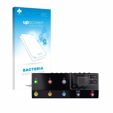 Parte frontal de un envase de producto con el logotipo de la marca upscreen. Al lado se muestra el dispositivo Line 6 hx stomp