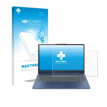 Parte frontal de un envase de producto con el logotipo de la marca upscreen. Al lado se muestra el dispositivo Lenovo IdeaPad 