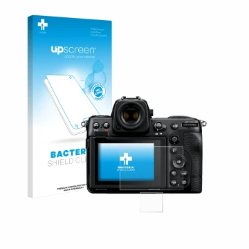 Parte frontal de un envase de producto con el logotipo de la marca upscreen. Al lado se muestra el dispositivo Nikon Z 8 (Pant