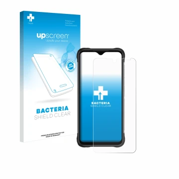 Parte frontal de un envase de producto con el logotipo de la marca upscreen. Al lado se muestra el dispositivo Umidigi Bison X