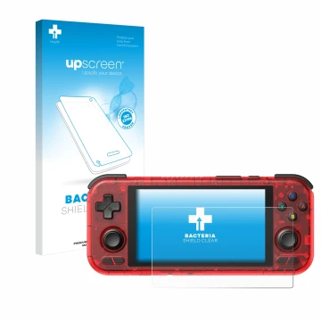 Parte frontal de un envase de producto con el logotipo de la marca upscreen. Al lado se muestra el dispositivo Retroid Pocket 