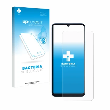 Parte frontal de un envase de producto con el logotipo de la marca upscreen. Al lado se muestra el dispositivo TCL 505 con su 