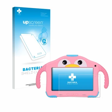 Parte frontal de un envase de producto con el logotipo de la marca upscreen. Al lado se muestra el dispositivo okulaku KIDS03-