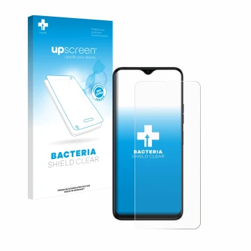 Parte frontal de un envase de producto con el logotipo de la marca upscreen. Al lado se muestra el dispositivo Tecno Spark 10 
