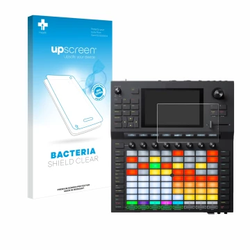 Parte frontal de un envase de producto con el logotipo de la marca upscreen. Al lado se muestra el dispositivo Akai Force con 